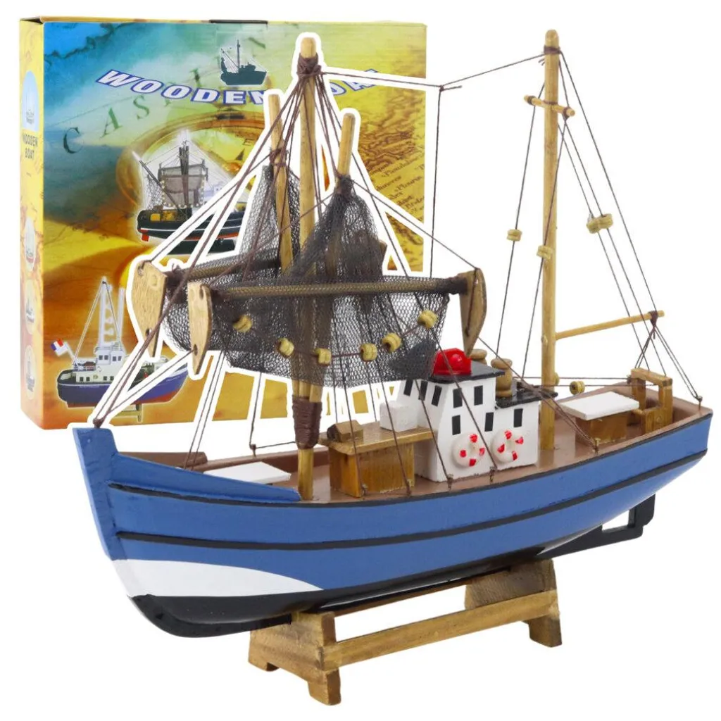 Bateau de pêche bleu 30x26 cm modèle de collection réduit artisanal