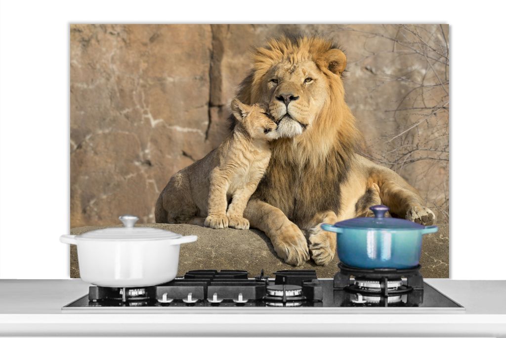 KitchenYeah Spritzschutz Küche - Küchenrückwand - Wandschutz für Herd und Spüle - Löwen - Steine - Porträt 100x65 - Alu-Dibond (Alternativ...