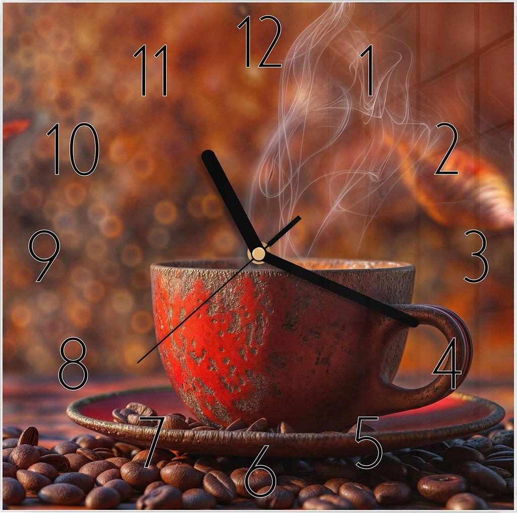 Wanduhr aus Glas mit Motiv Kaffeetasse im Herbst- 30 x 30 cm - inkl. Aufhängesystem