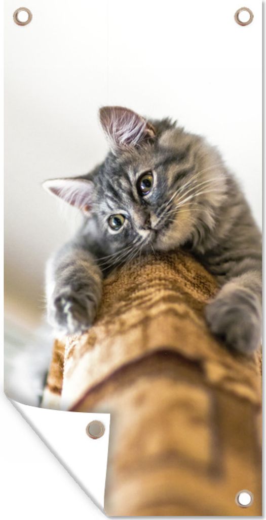 MuchoWow 80x160 cm Outdoor-Poster Gartendeko Sichtschutz Garten Poster für den Garten Katze - Kratzbaum - Grau