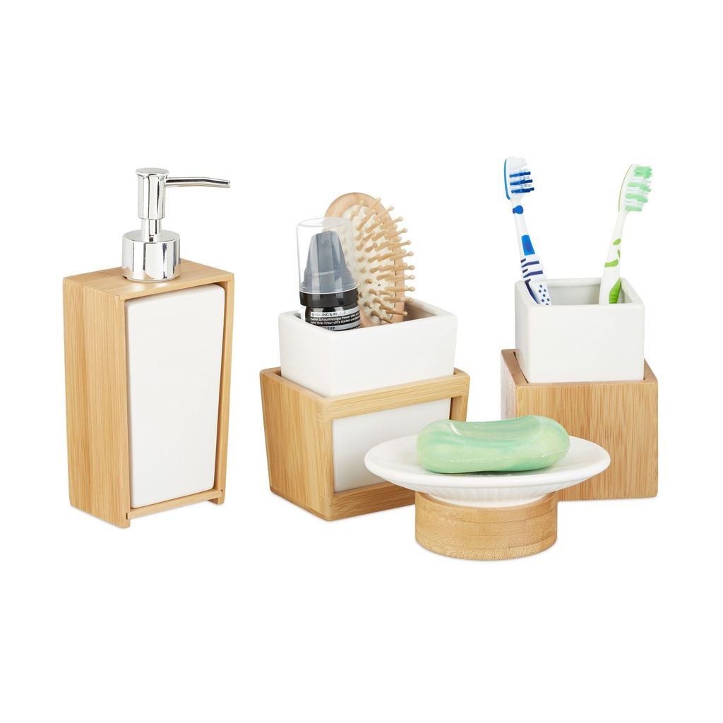 Relaxdays Badaccessoires-Set, 4-teilig, braun, Keramik & Produktbild 
