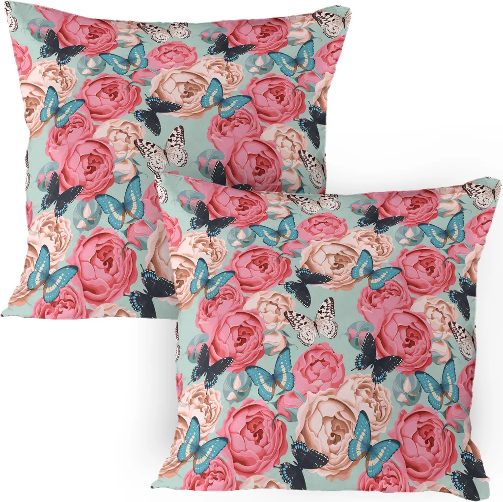 ABAKUHAUS Federa per cuscino con farfalle, confezione da 2, peonie, rose, farfalle, stampa grafica romantica, stampa in stile retrò, federa decorativa stampata, 80x80 cm, multicolore