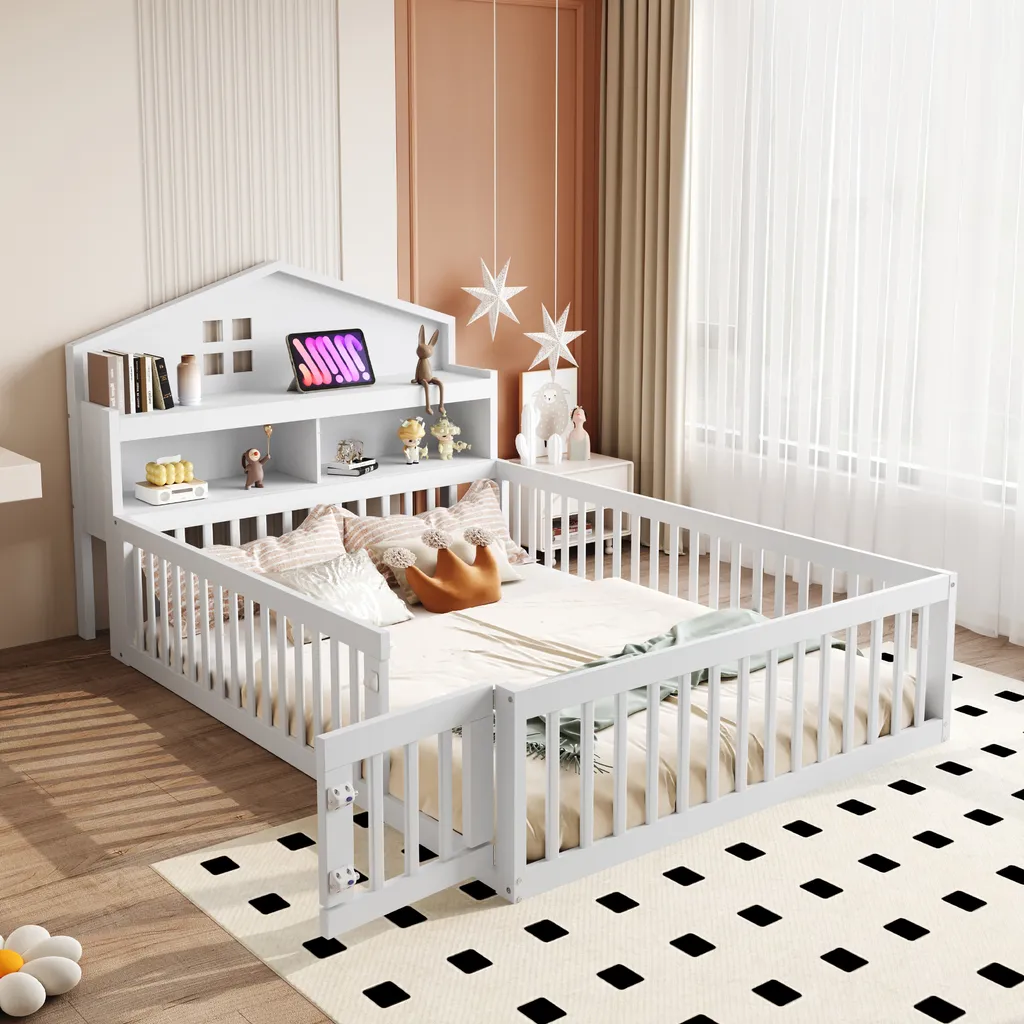 Grand lit de jeu 140x200cm pour enfant avec barrière et tableau blanc