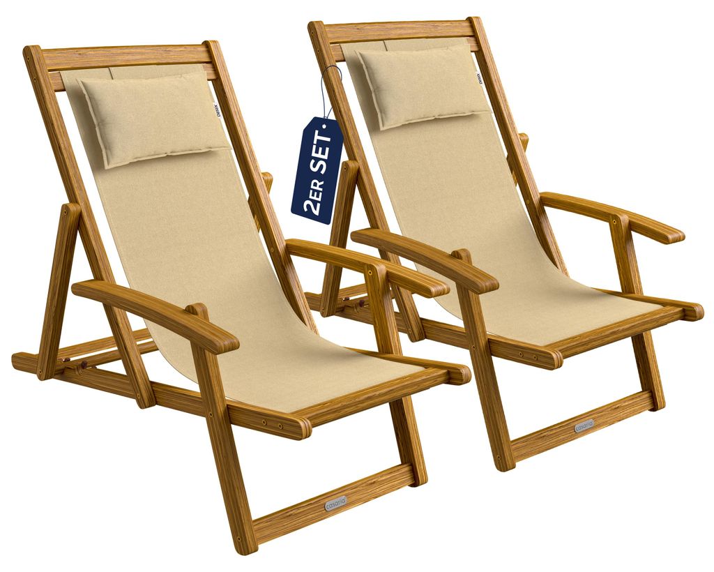 CASARIA Sonnenliege 2er Set Holz Wetterfest Klappbar Verstellbar bis 160kg Gartenliege Outdoor Liegestuhl mit Nackenkissen & Armlehnen für Garte...