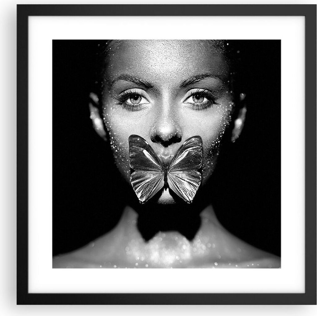 Gerahmtes Poster - Schwarzer Rahmen - Frau Schmetterling Mund - 40x40 cm - Wand Bild - Wanddeko - Wandbilder - Kunstposter - Wandposter - Bilderrah...