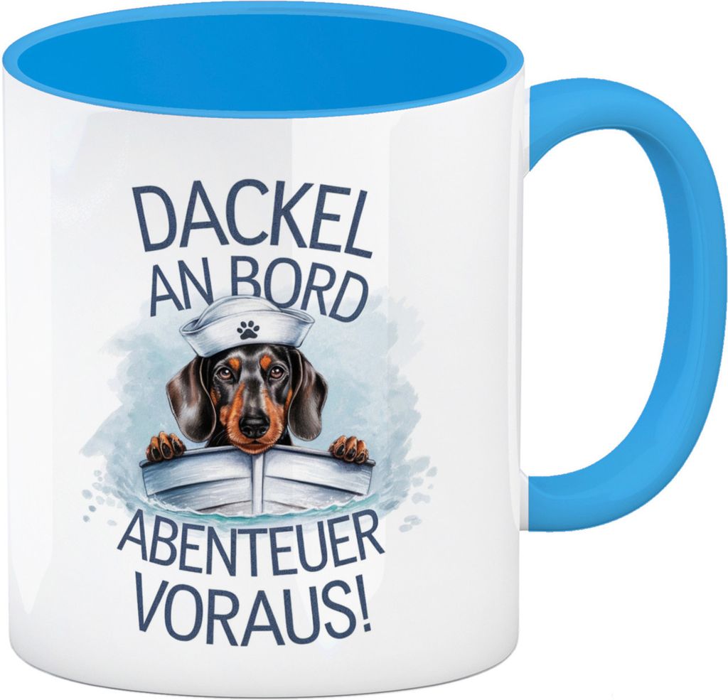 Matrosen Dackel im Boot Kaffeebecher in hellblau - Abenteuer voraus