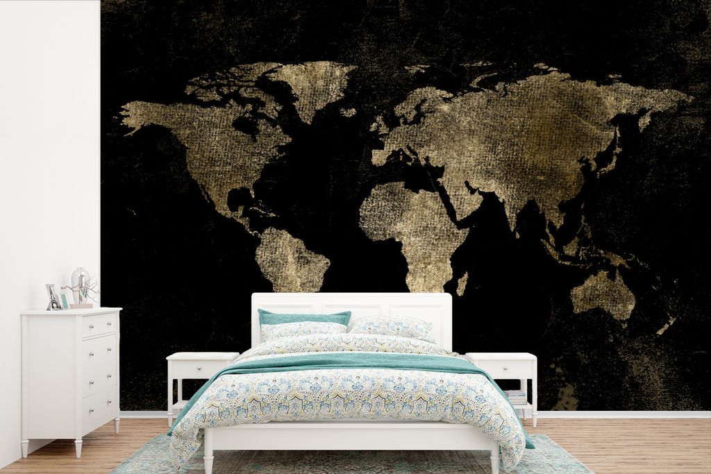 MuchoWow Fototapete für Wohnzimmer oder Schlafzimmer Wandtapete Vinyl Motivtapete Weltkarte - Schwarz - Gold - 450x300 cm - Gemusterte