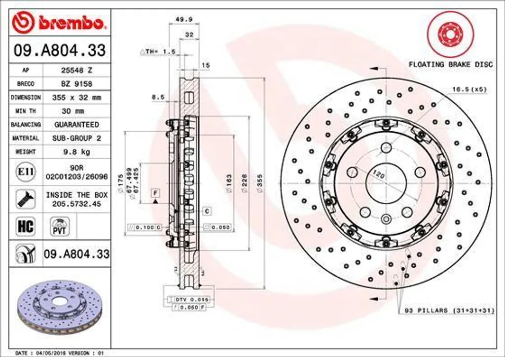 Disque de frein avant ventilé Brembo 09.A804.33 - Performance et Fiabilité