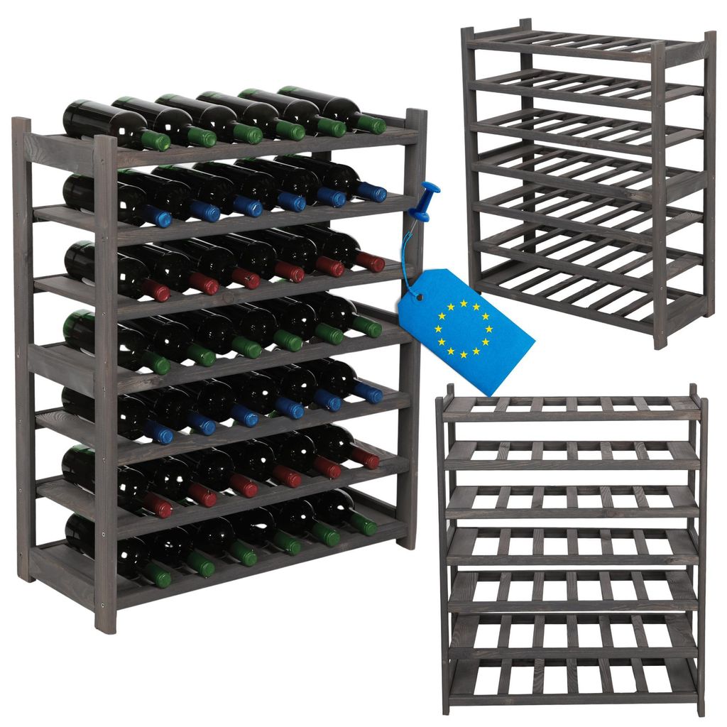 MODO24 Weinregal Holz, 7 Flaschenablagen, Flaschenständer, Flaschenregal, Kellerregal, Massivholz Kiefer, 85,8x70x33 cm, Grau, LSR