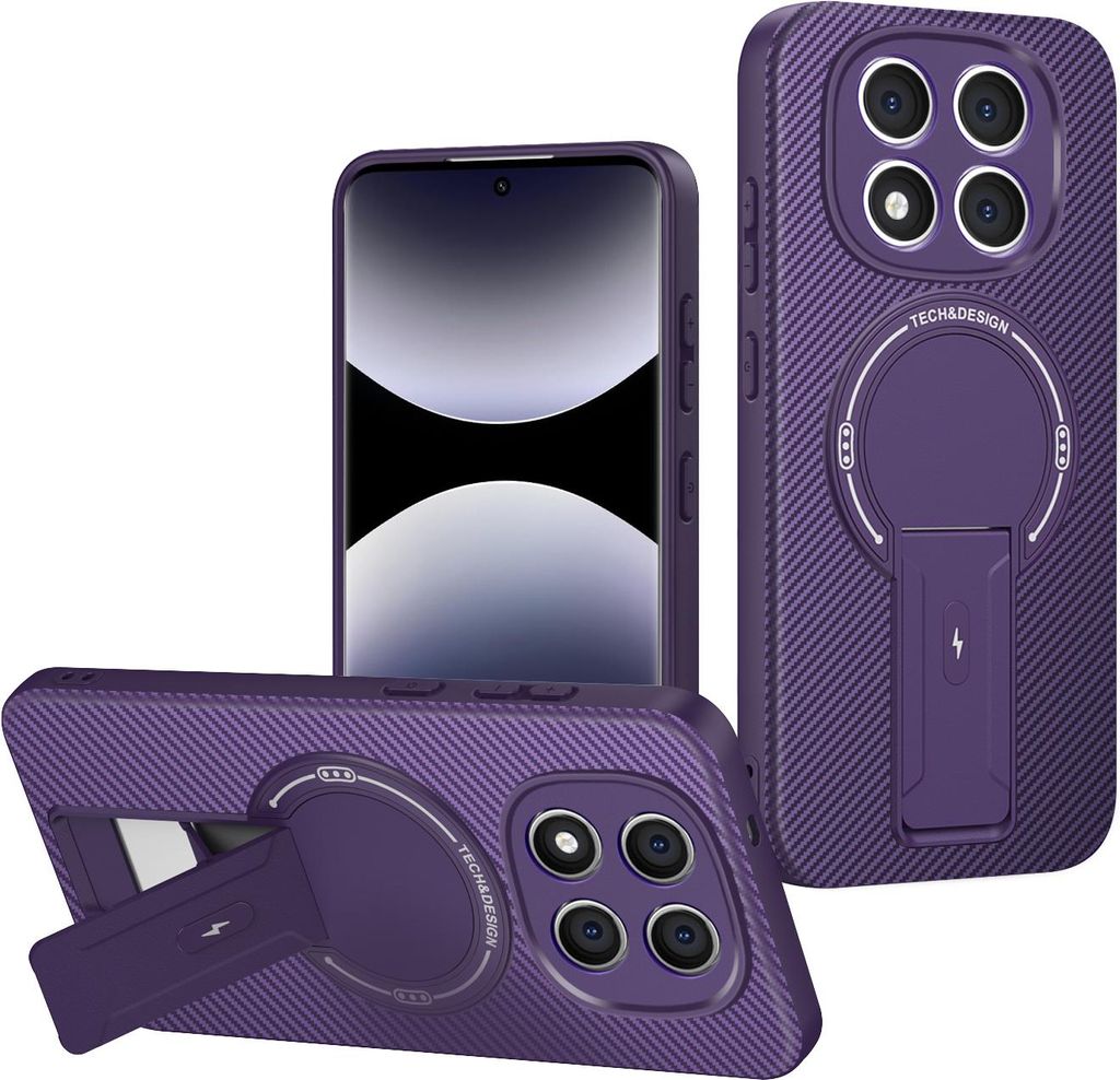 Hülle für Xiaomi Redmi Note 14 Pro 5G/Note 14 Pro+ 5G Magnetisch Carbonfaser Design TPU Hybrid Handyhülle mit Ständer Lila