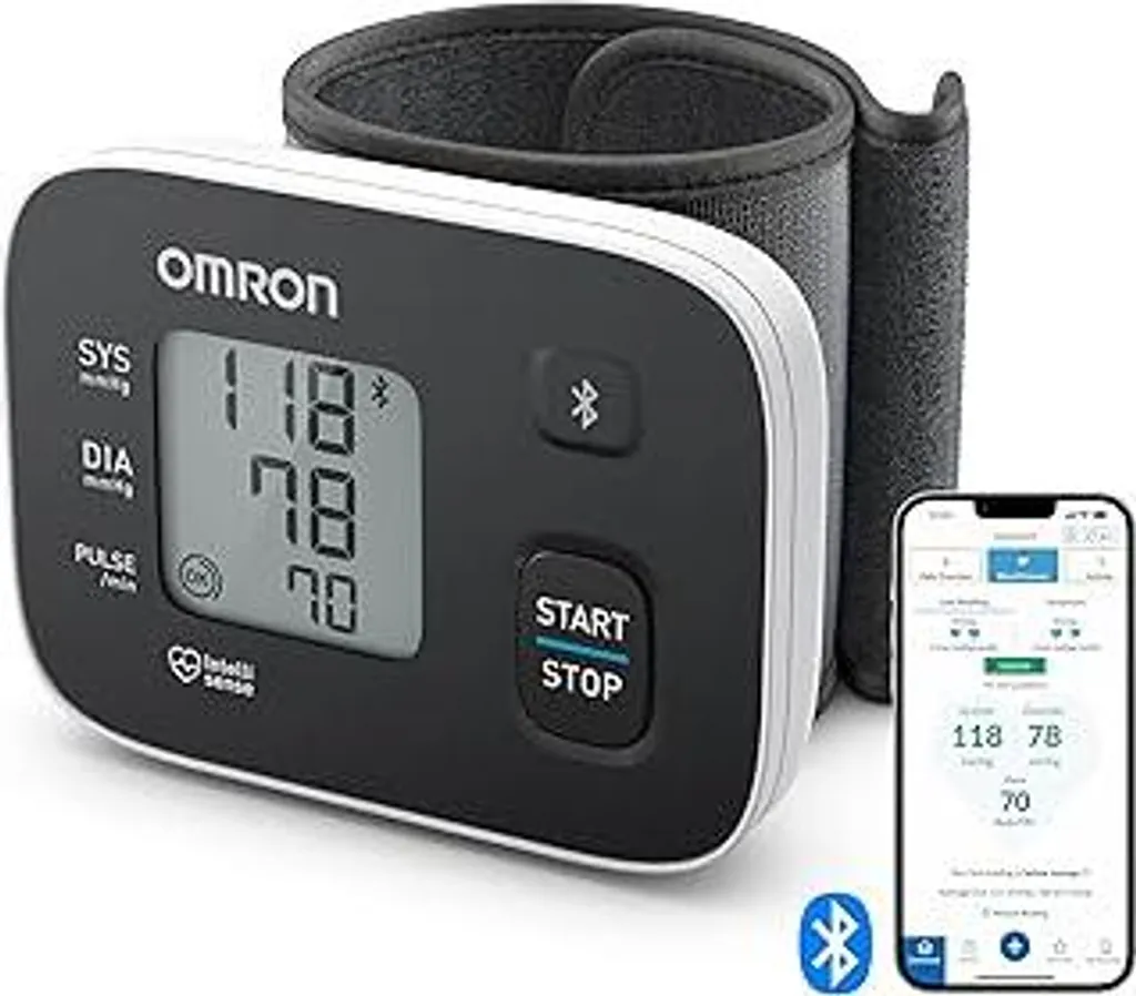 Misuratore di pressione da polso OMRON RS3 Intelli IT, clinicamente validato, con app gratuita per smartphone iOS/Android, bracciale da 13,5-21,5 cm, controllo della posizione del bracciale e 30 posizioni di memoria.