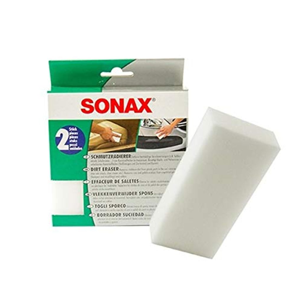 A Sonax SchmutzRadierer cleaning sponge and its packaging are shown against a white background.