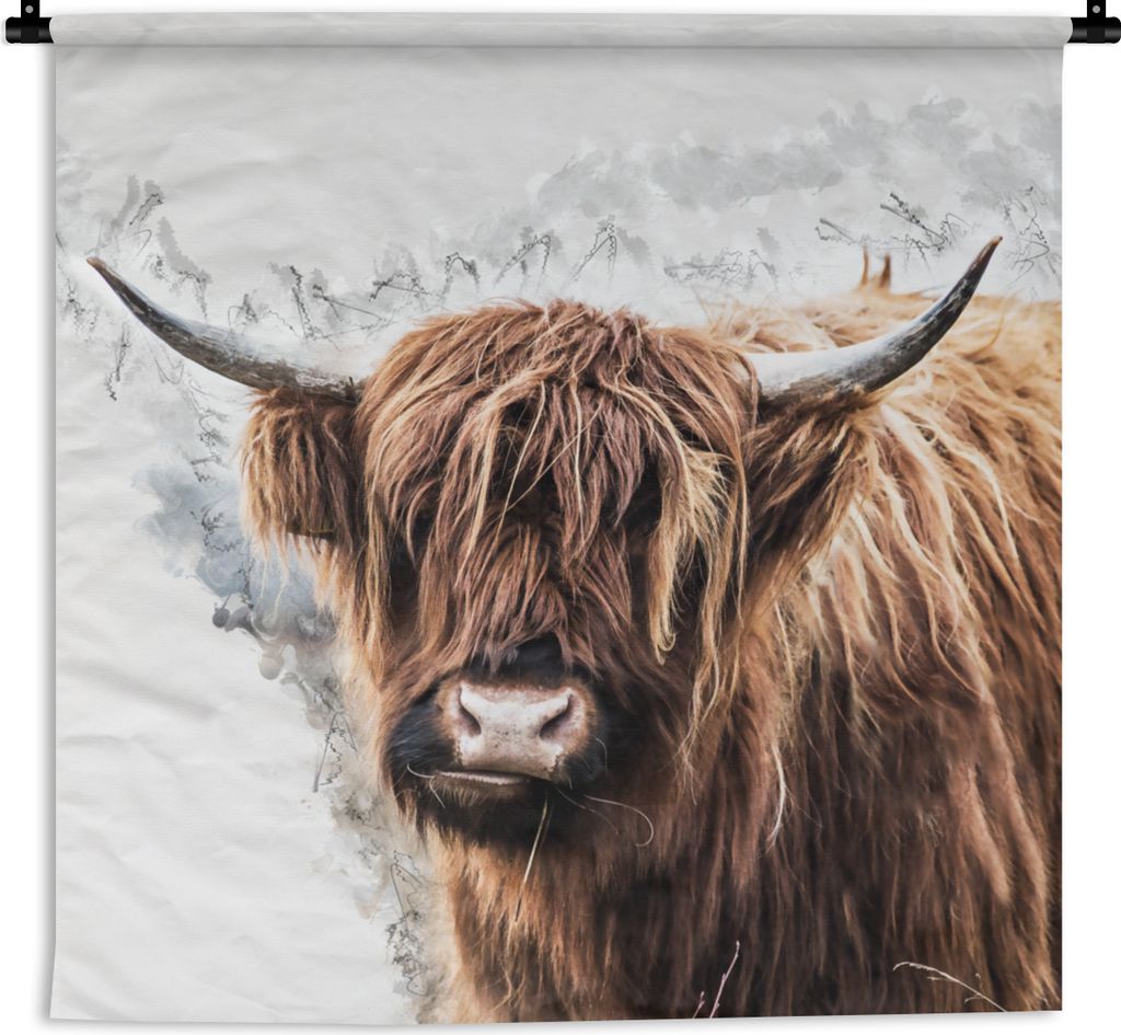 MuchoWow Wandteppich Wandbehang Schottischer Highlander - Schottische Kuh 150x150 cm Tapisserie Dekoration Wandtuch - Wohnaccessoires - Modernes