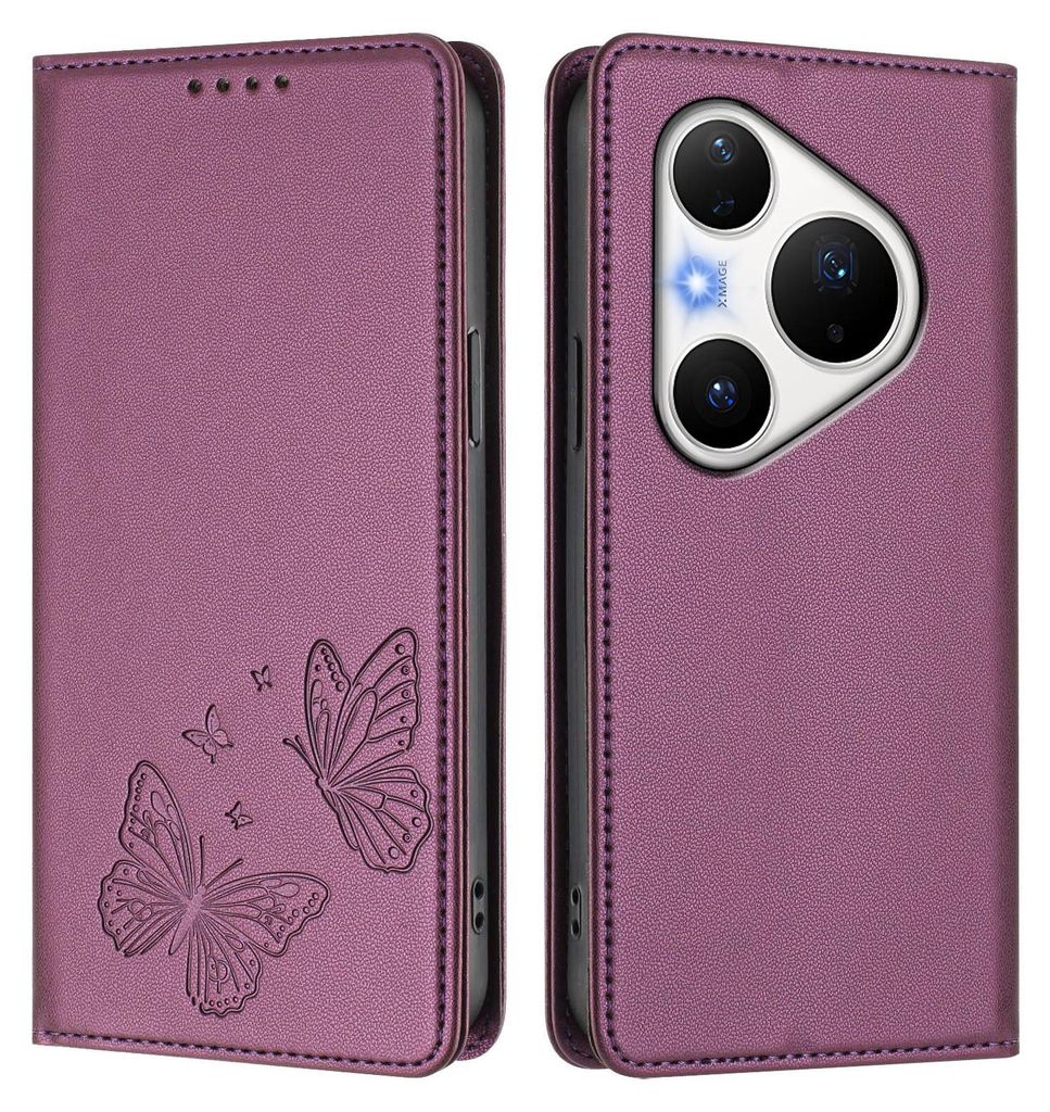 Lederhülle für Huawei Pura 80 Pro/Pura 80 Pro+, Schmetterling Prägung Leder Brieftasche Schutzhülle mit Ständer Lila
