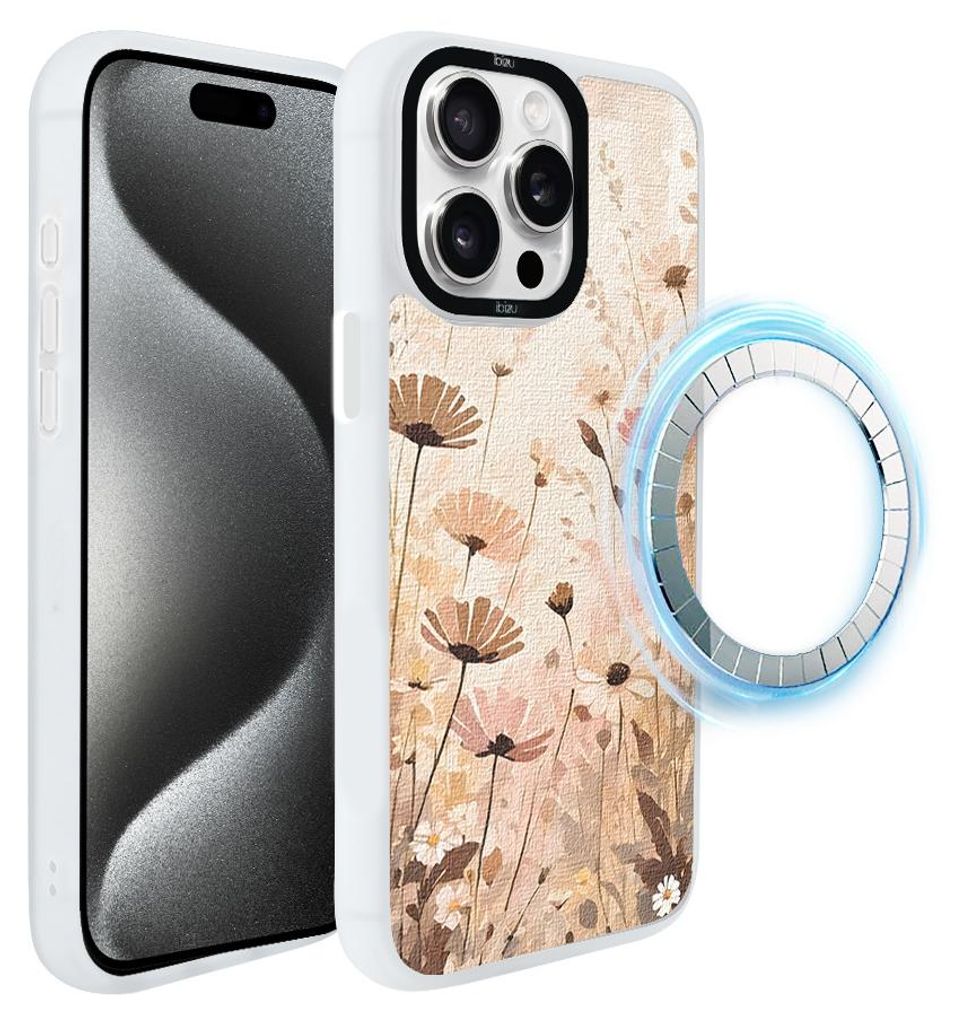 Schutzhülle für das iPhone 15 Pro Max, MagSafe-kompatibel, mattweiße Seiten, Blumen, Wiese, im Boho-Stil
