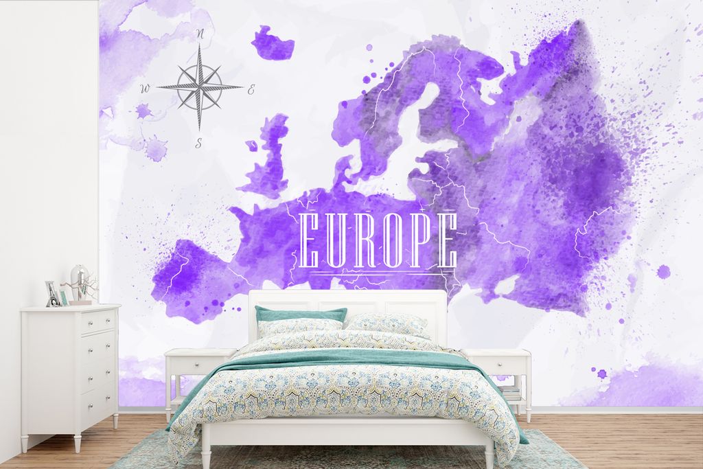 MuchoWow Fototapete für Wohnzimmer oder Schlafzimmer Wandtapete Vinyl Motivtapete Europa - Weltkarte - Farbe - 330x220 cm - Fototapeten