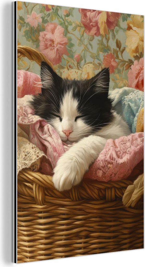 MuchoWow Wanddekoration Metall Metallbild Wandkunst 80x120 cm Katze - Blumendruck - Weidenkorb MuchoWow Aluminium Gemälde - Bilder