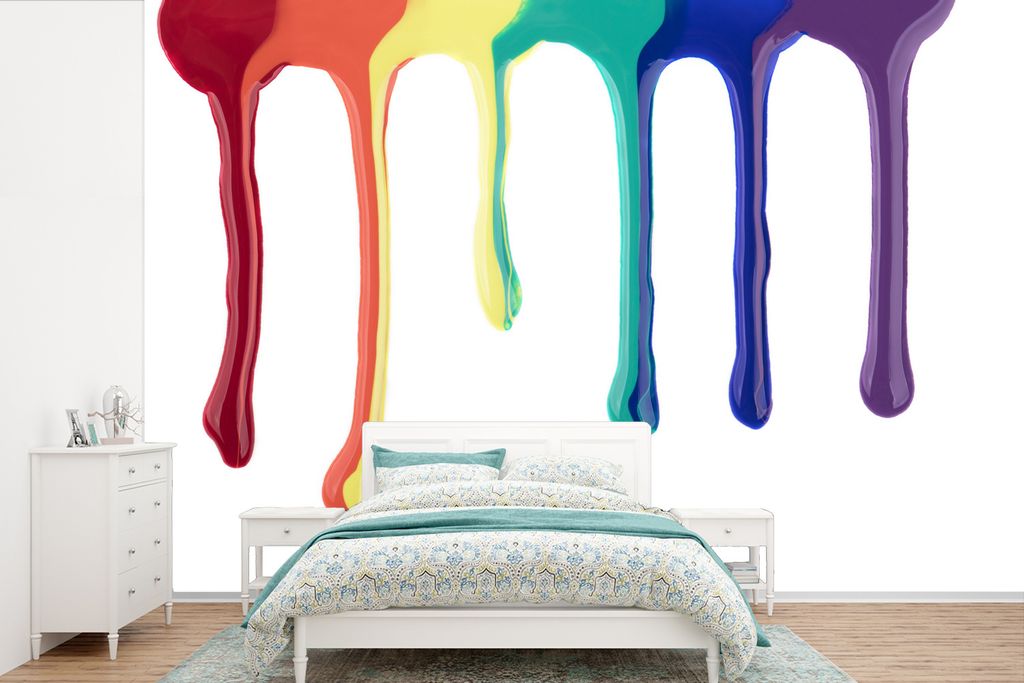 MuchoWow Fototapete für Wohnzimmer oder Schlafzimmer Wandtapete Vinyl Motivtapete Tropfen der Regenbogenfarbe - 525x350 cm - Das Hintergrundbild