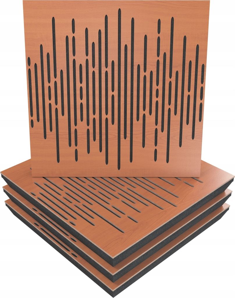 4 Stück AKUSTIK-WANDPANEELE mit Montageset | "WAVE" 50x50x5cm | Absorption und Diffusion | Farbe: Kirschbaum
