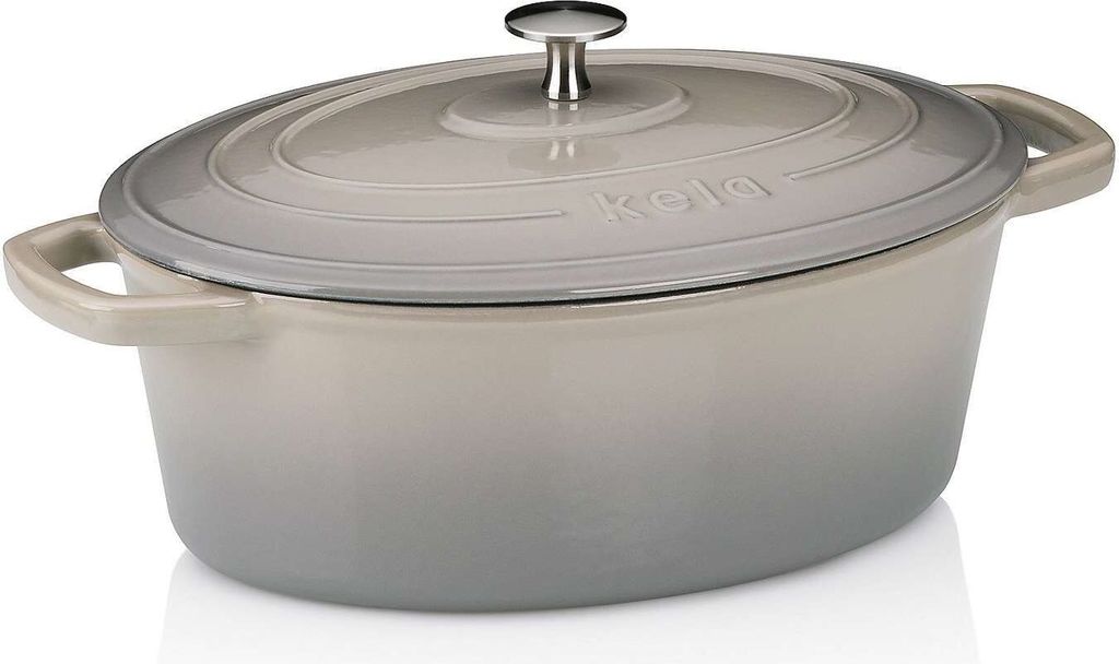 A light gray oval cast iron casserole dish with a lid and handles, shown from a diagonal angle on a white background.