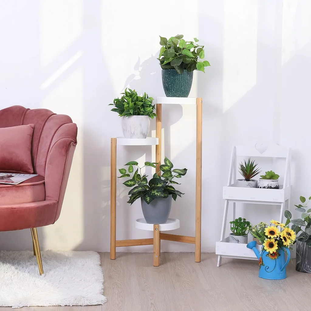 Support fleurs d'angle intérieur 3 niveaux, étagère bambou dorée déco - 3