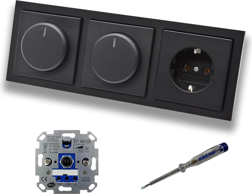 REV Ritter (2 x) LED Drehdimmer Dimmer + Busch Jäger Dimmerscheiben 6540-885-102 und Steckdose mit Kinderschutz 20EUCKS-885 in Future Linear schwa...