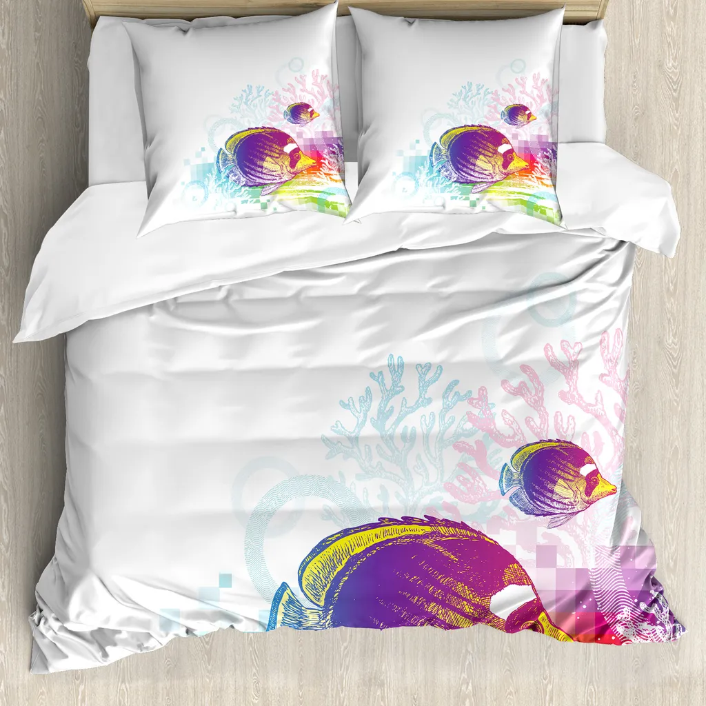 ABAKUHAUS Set copripiumino per letti matrimoniali, tema mare e pesci, antiacaro, adatto a chi soffre di allergie, con federe, multiplo