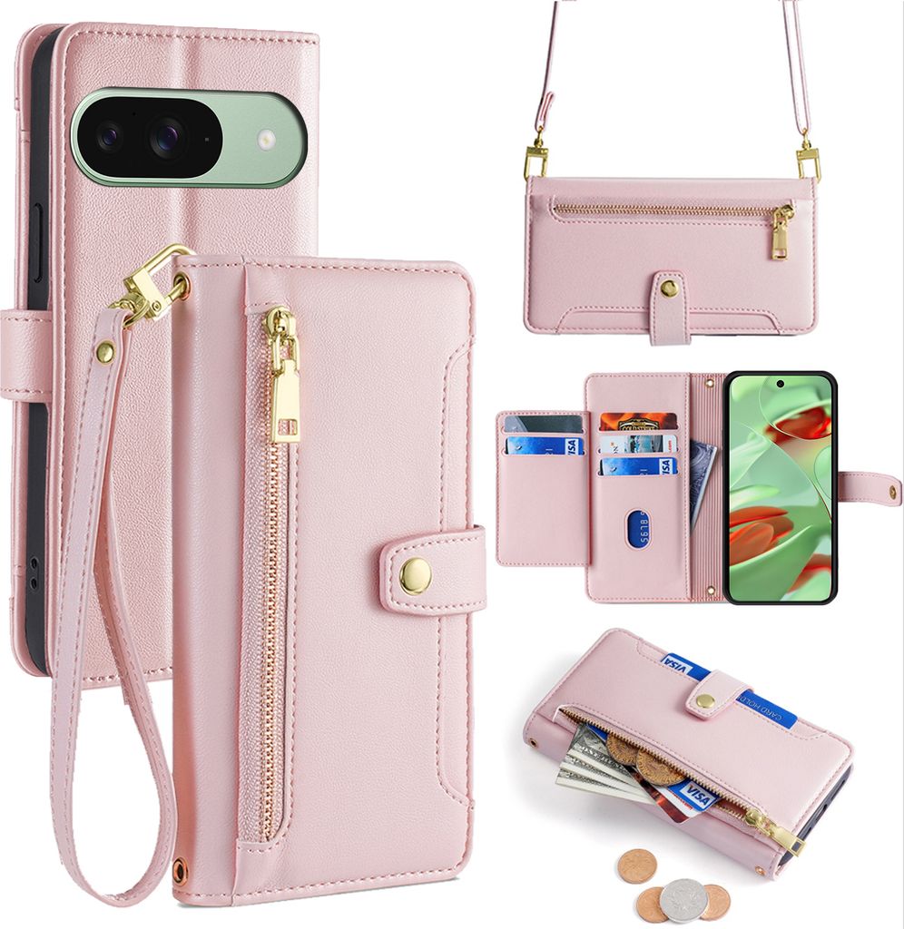 Handykette für Google Pixel 9 – Kunstleder Umhängetasche mit Band in Rosa