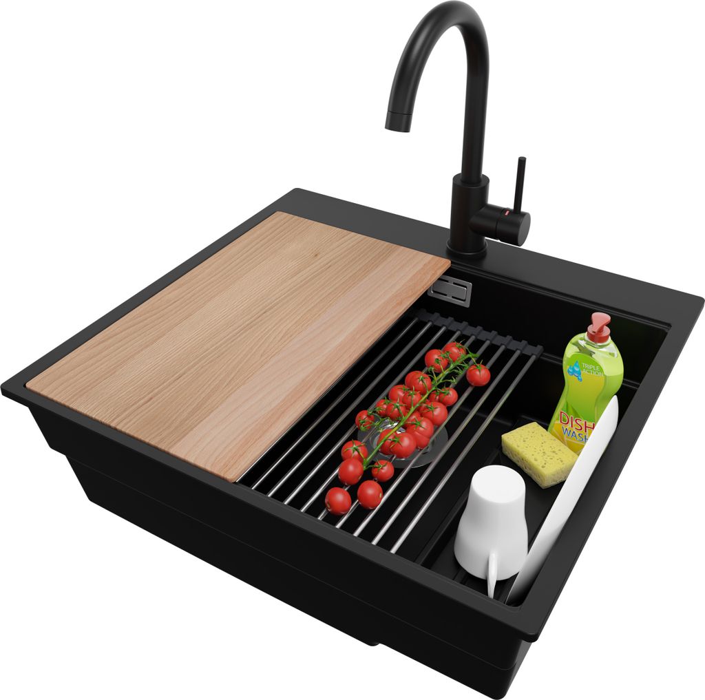 PRIMAGRAN Granitspüle Schwarz 58x53cm, Spülbecken 1 Becken + Küchenarmatur 32x20cm + Ablauf-Set + Küchenzubehörset, Küchenspüle ab 60er Unte...