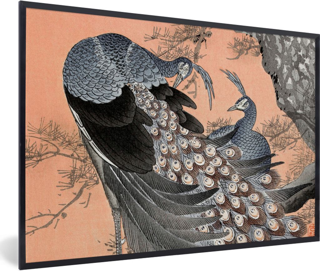 MuchoWow Gerahmtes Poster Vintage - Japandi - Pfau - Tiere 60x40 cm - Poster mit Schwarzem Bilderrahmen Wandposter Rahmen Foto Bilder - Printing ...