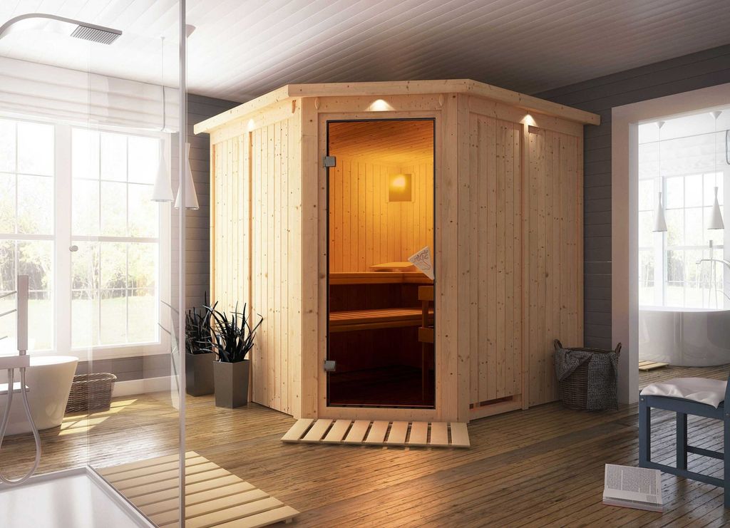 Karibu Sauna Innensauna Jarin Eckeinstieg Ofen 9 kW integr. Strg 210x210x202 cm mit Dachkranz mit Bronzierte Tür