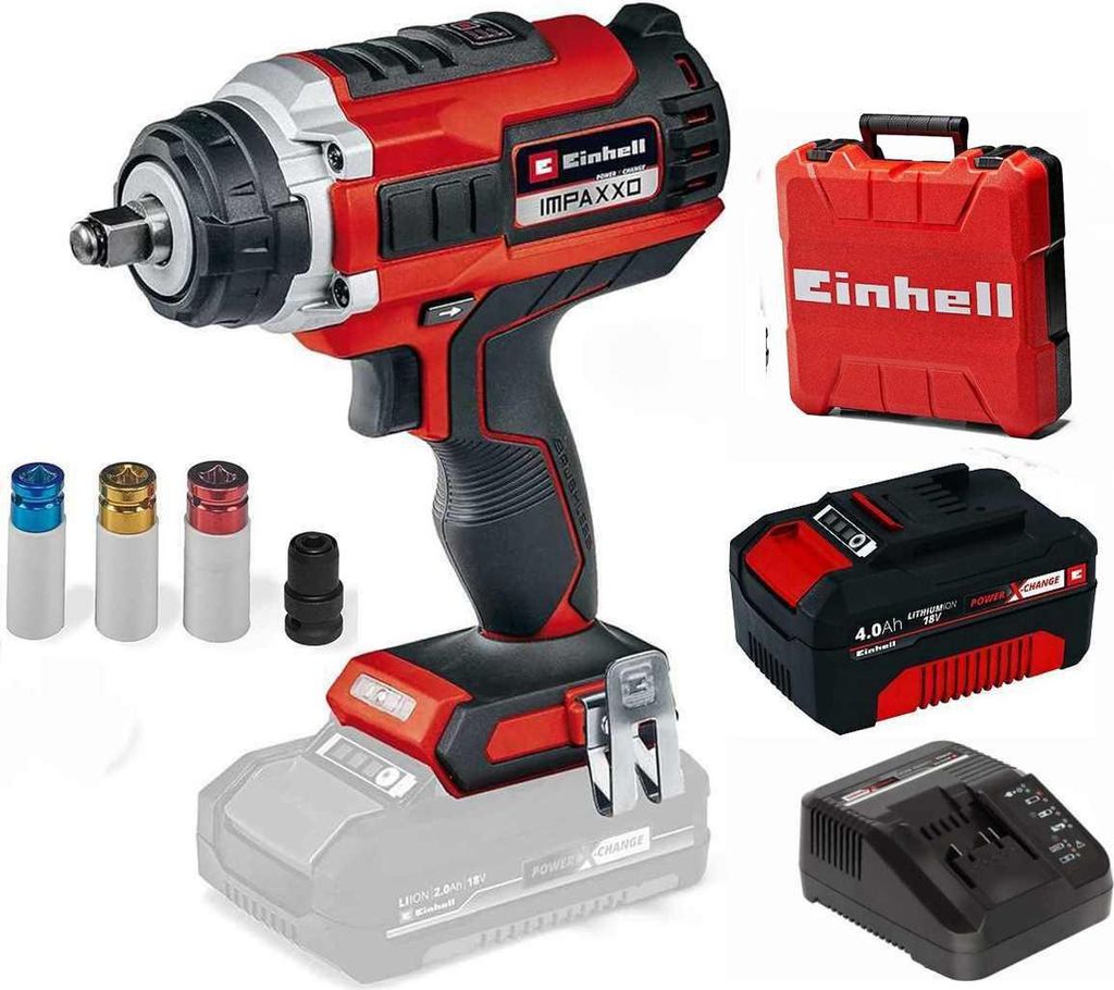 A collection of power tools and accessories, including an impact wrench, battery, charger, and socket set, arranged on a white background.