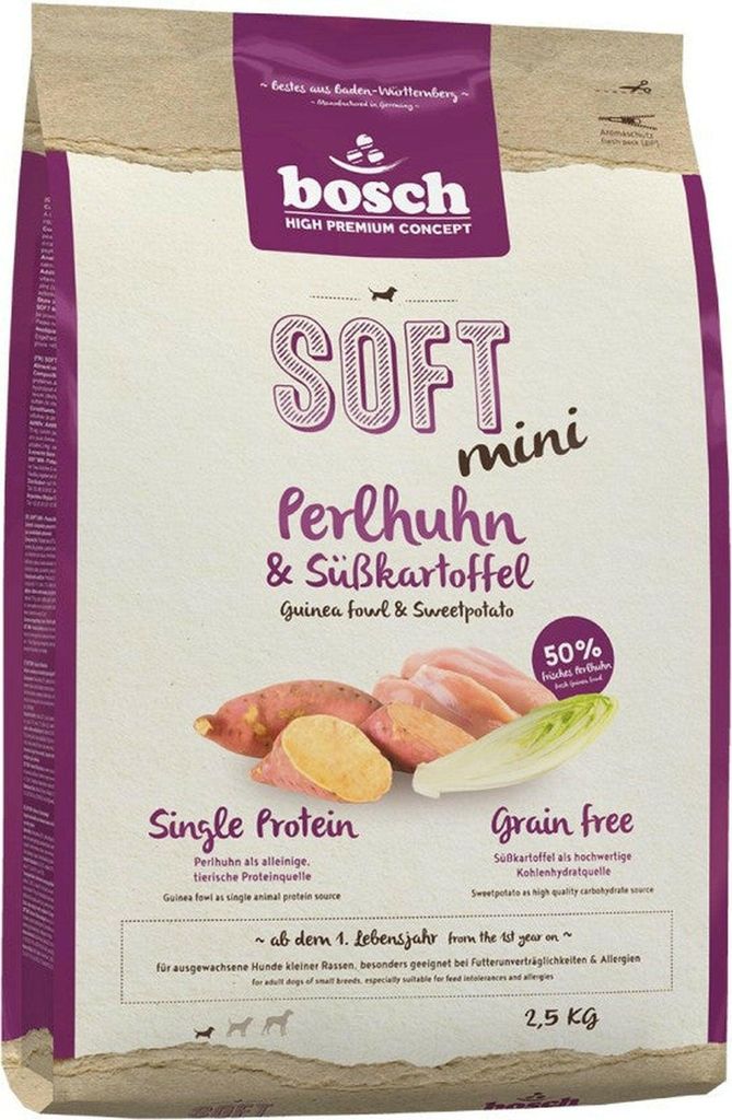 bosch Tiernahrung SOFT Mini Perlhuhn & Süßkartoffel 2.5 kg, Adult, Klein (5-10 kg), Geflügel, Süßkartoffeln, 2,5 kg