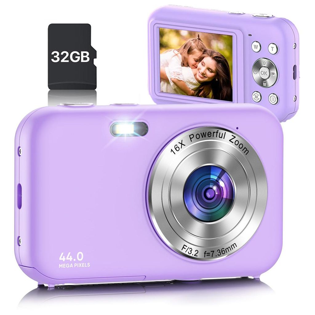 Digitalkamera, Kamera Fotokamera mit 32GB Karte, 44MP 1080P HD Kinderkamera mit 16X Digitalzoom Kompaktkamera, Kamera für Kinder, Teenager, Anfänger