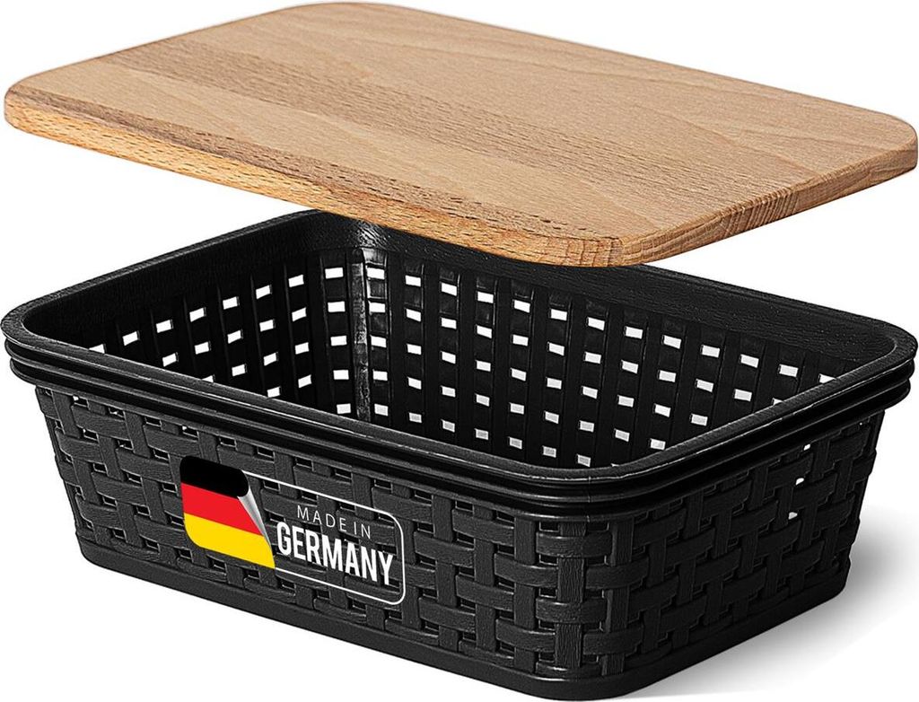 Novaliv Aufbewahrungsbox mit Holzdeckel Mini 1L Korb Schwarz in Rattan Design Lebensmittelecht Aufbewahrungskorb Stapelbox Nestbar Kunststoff BPA-f...