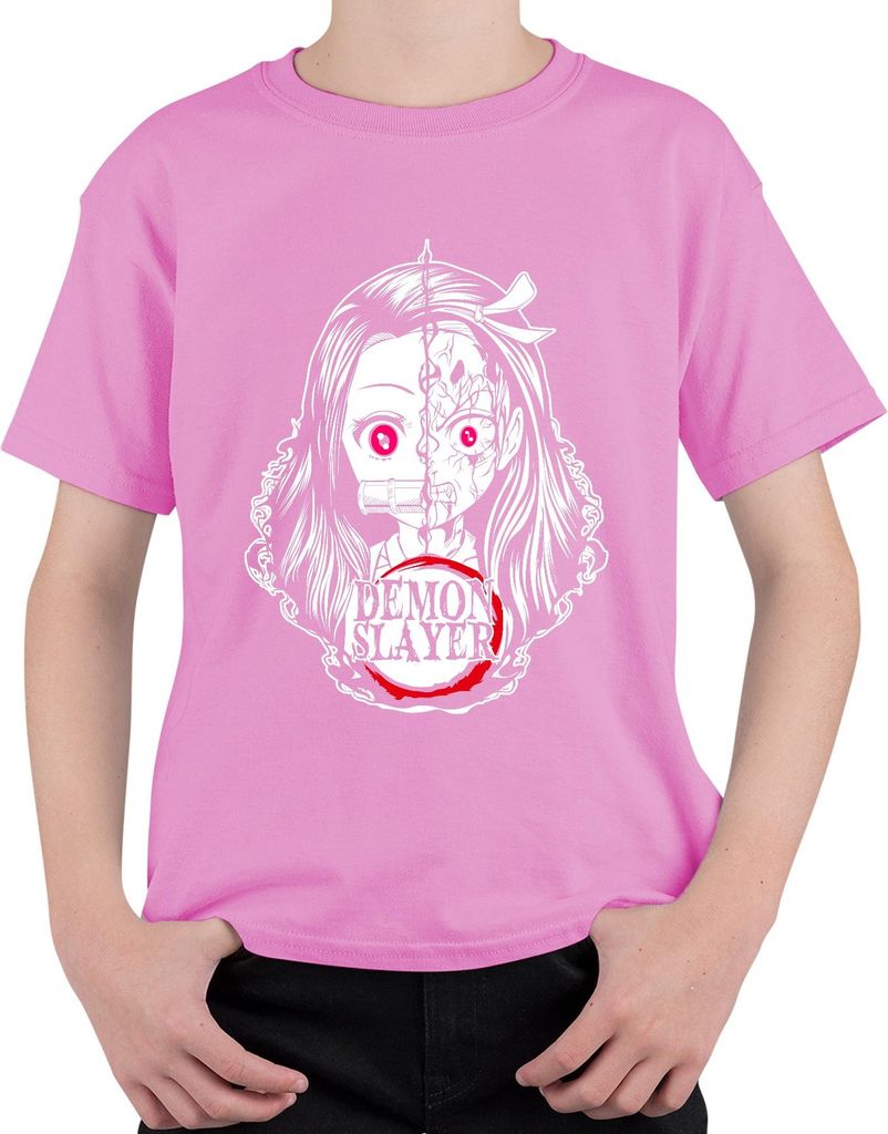 Demon Slayer Nezuko gespaltenes Gesicht Anime Horror Pink Augen Uni Kinder T-Shirt, Pink, 140