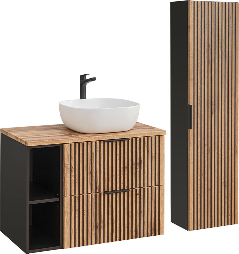 Waschtisch und Hängesäule 80.6cm Gaia mit 2 Schubladen, Eichenoptik und Schwarz