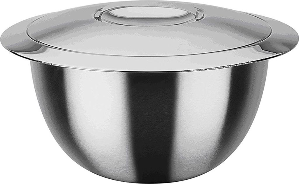 A silver stainless steel thermos bowl with a lid, shown from a front-side angle against a white background.
