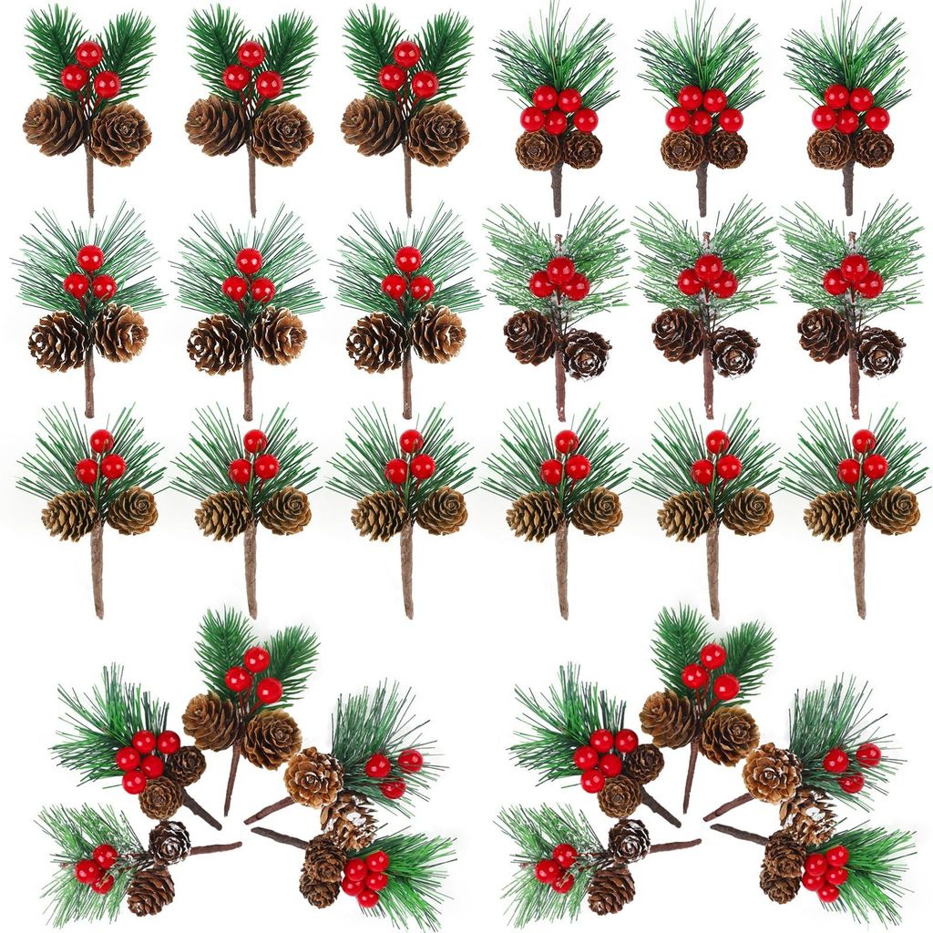 25 künstliche Tannenzapfen als Weihnachtsdekoration, realistische künstliche Tannennadeln mit roten Beeren für den Weihnachtsbaumschmuck, DIY-We...