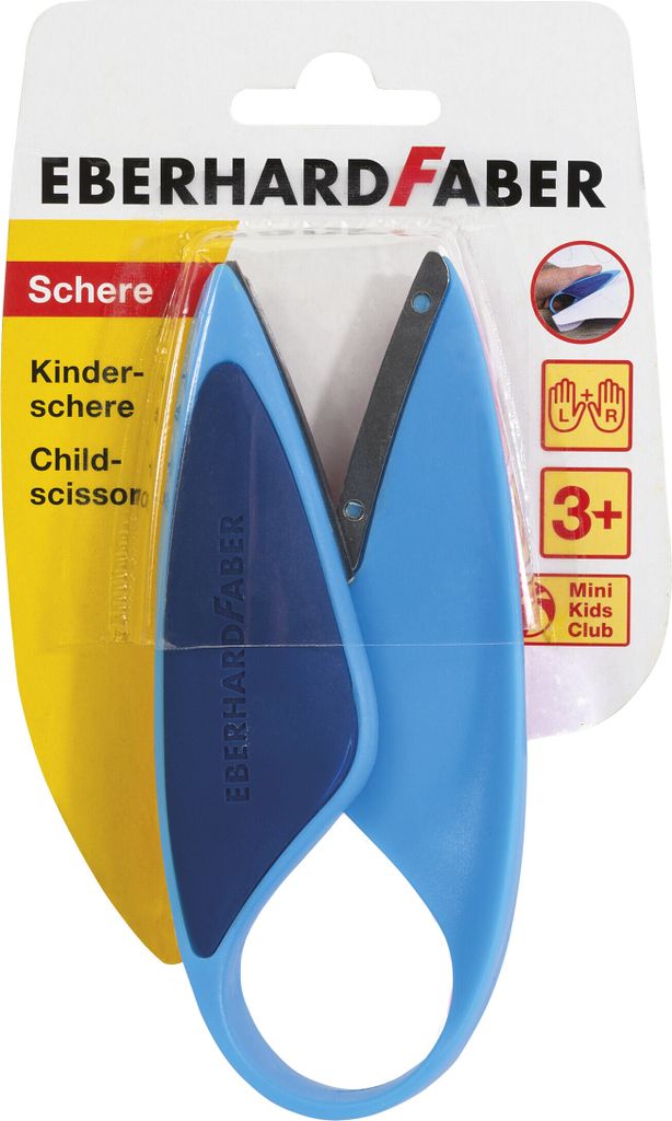 The image shows a pair of blue child-safe scissors in their original retail packaging.
