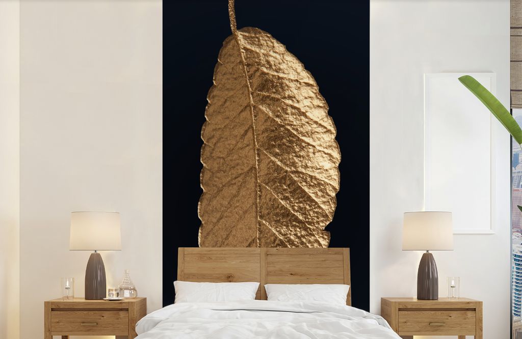 MuchoWow Fototapete für Wohnzimmer oder Schlafzimmer Wandtapete Vinyl Motivtapete Blätter - Schwarz - Gold - Luxus - Natur - 120x240 cm - Hinte...