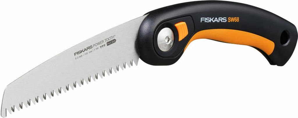 A Fiskars folding saw is shown against a white background.