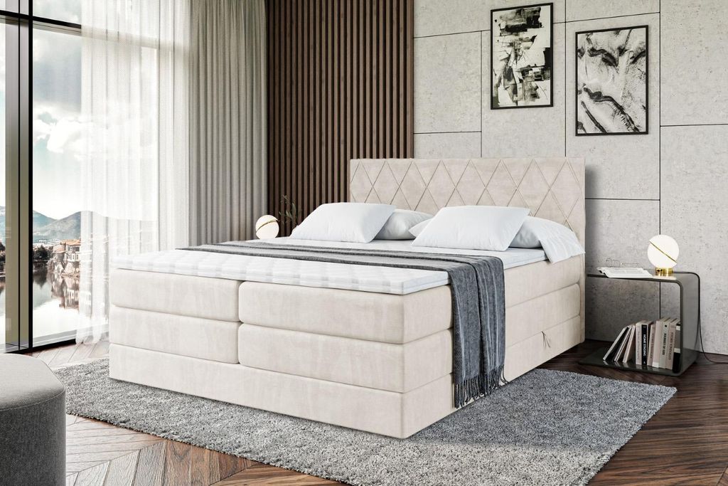ALTDECOR Boxspringbett mit Matratze und Lattenrost - LEPARO KING - 140x200 cm - Beige Samt - Topper, Polsterbett mit Bettkasten, Bett mit Stauraum ...