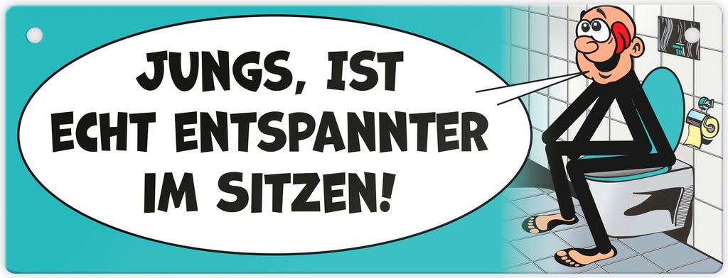 Bitte im sitzen pinkeln Metallschild L in 10,5x28cm im Comic-Stil in türkis