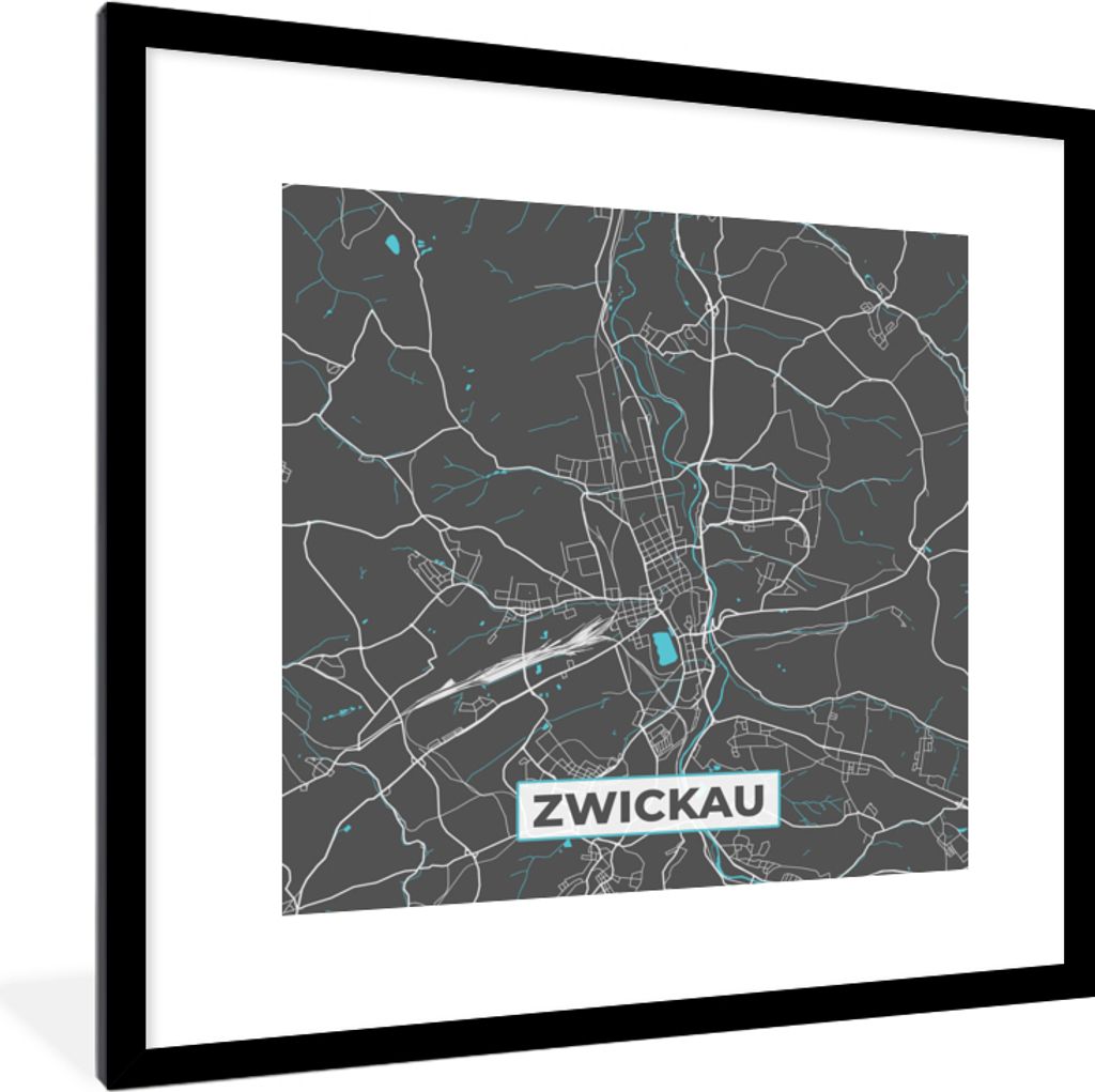MuchoWow Gerahmtes Poster Deutschland - Blau - Zwickau - Stadtplan - Karte 40x40 cm - Poster mit Schwarzem Bilderrahmen Wandposter Rahmen Foto Bi...