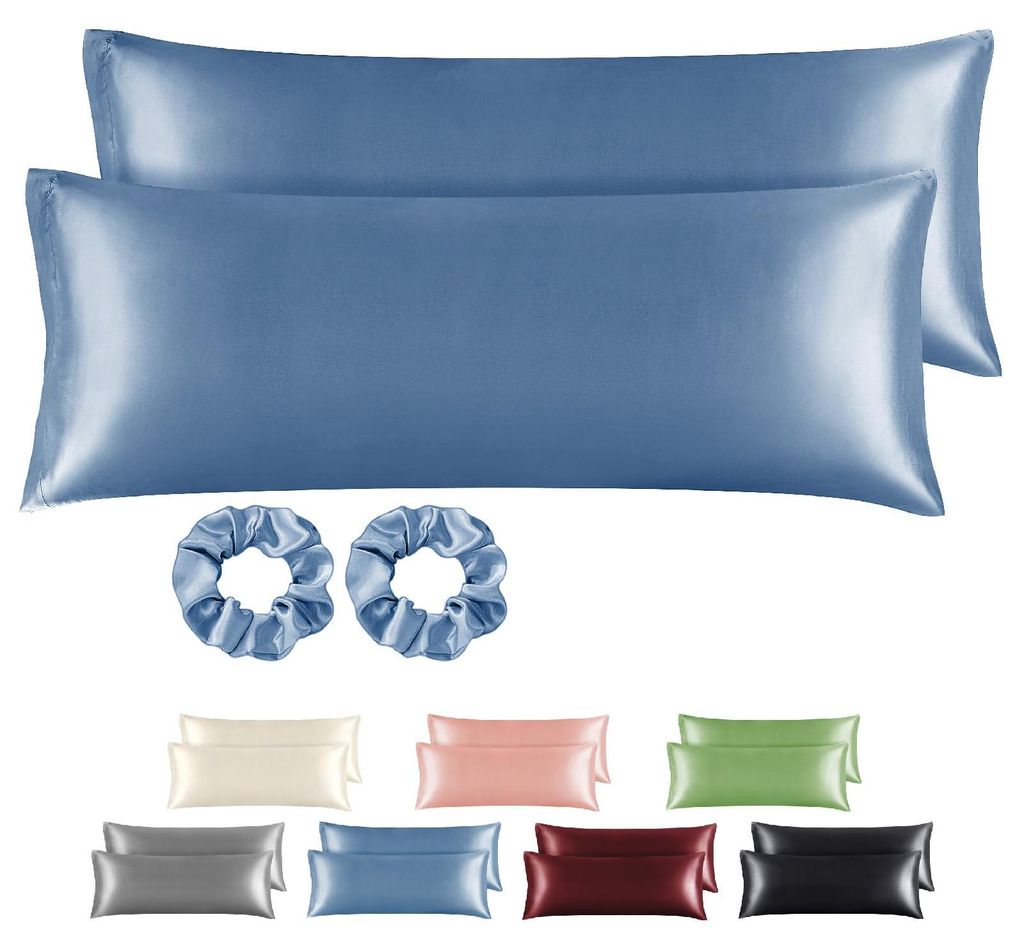 Satin-Kissenbezug 40 x 145 cm blau – Kissenbezug für Seitenschläfer, 40 x 145 cm, 2er-Set mit 2 Haargummis, ähnlich einem Seidenkissenbezug, K...