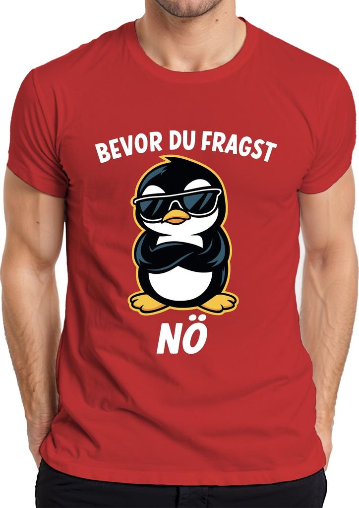 Bevor du fragst Nö lustig frech Pinguin Sonnenbrille cool Retro Herren T-Shirt, Rot, XXL