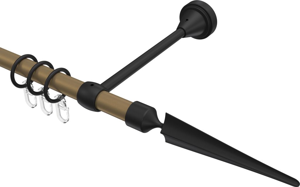 Interdeco Gardinenstange / Vorhangstange Gold matt / Schwarz, Typ Primus Lorenzo (Speer), 16 mm Ø 1-läufig, 280 cm