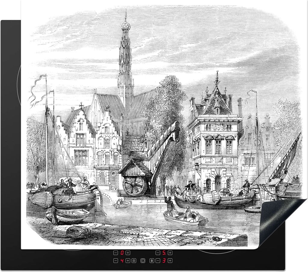 KitchenYeah Herdabdeckplatte Schwarz-Weiß-Illustration des Getreidemarktes in Haarlem , 57x51cm, Küche Deko, Glaskeramikkochfeld Herdabdeckung,...