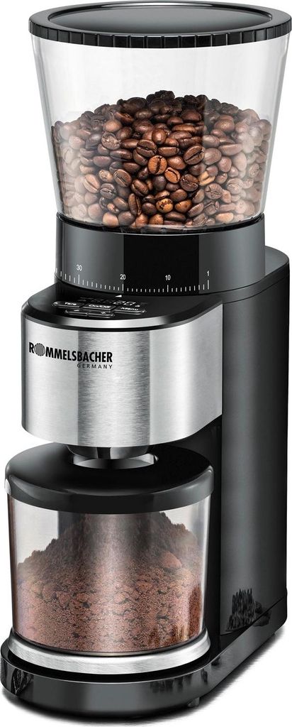 A coffee grinder with coffee beans in the hopper and ground coffee in the container.